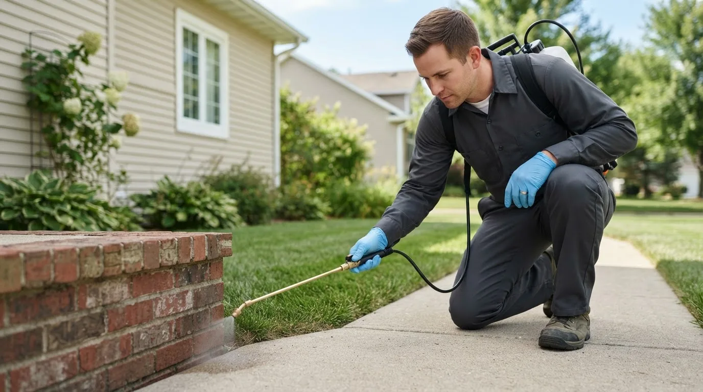 Pest control technician treating a home near Mound City, MO