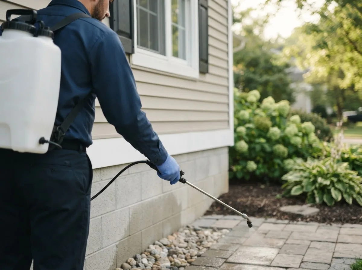 Pest control technician inspecting a home in Mound City, MO